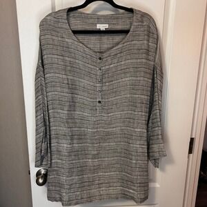 Pure Jill Linen Striped Henley Tunic Top Women's 2X Grey Long Sleeve